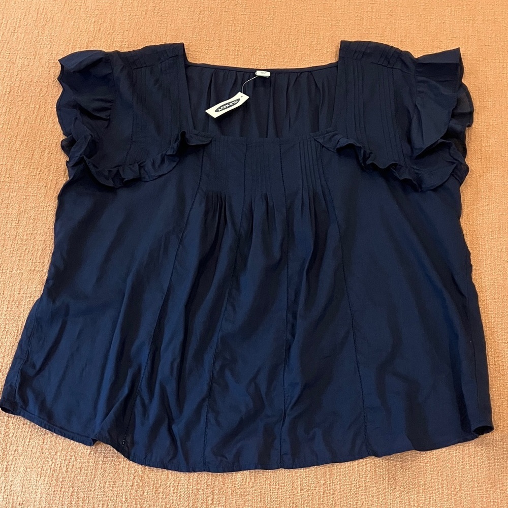 Modal / cotton Wm’s large crochet and ruffle Navy Blue short Sleeve Blouse